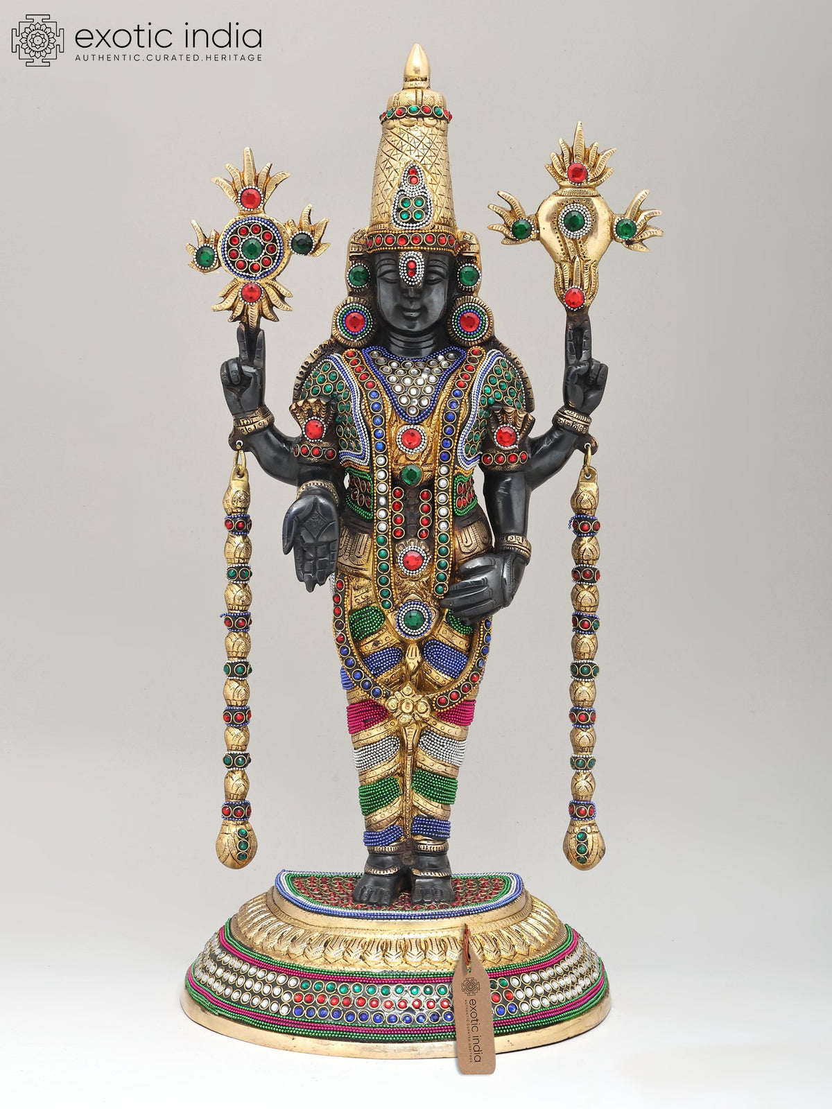 22" Standing Tirupati Balaji Brass Statue with Stone Work