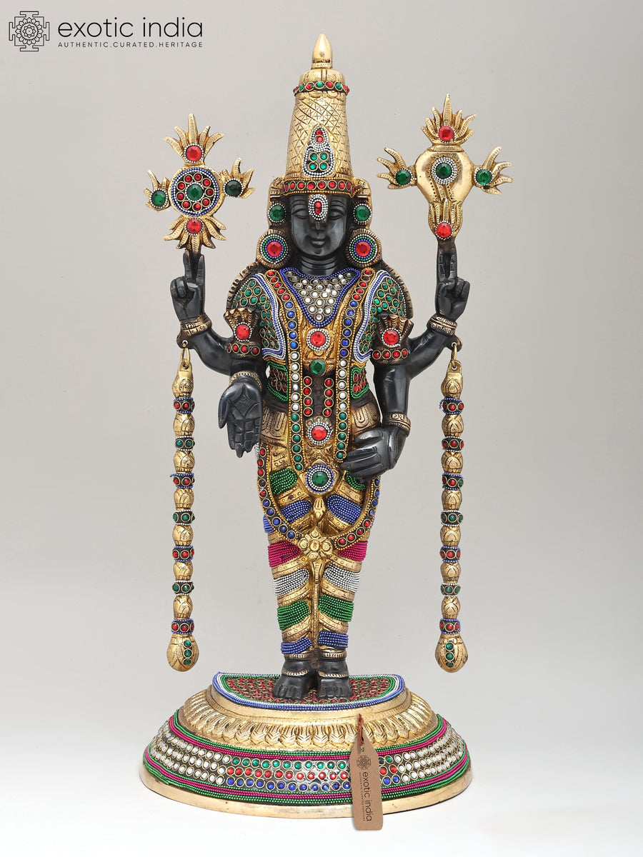 22" Standing Tirupati Balaji Brass Statue with Stone Work