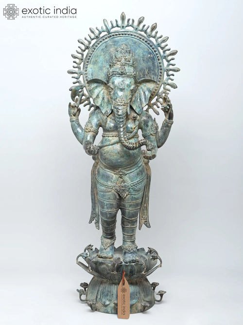 41" Standing Lord Ganesha Brass Statue on Lotus Pedestal