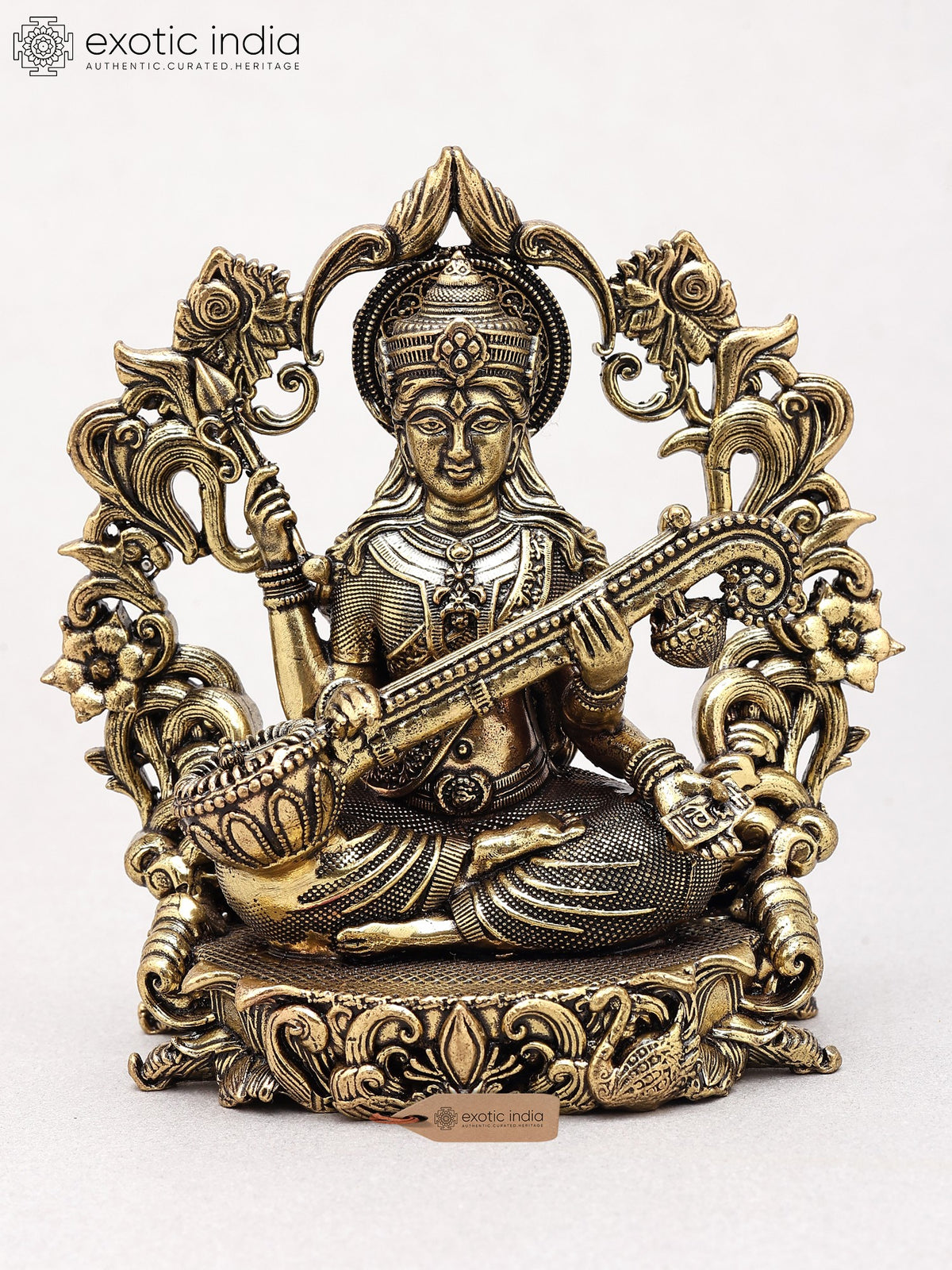 4" Small Four Armed Goddess Saraswati | Brass Statue