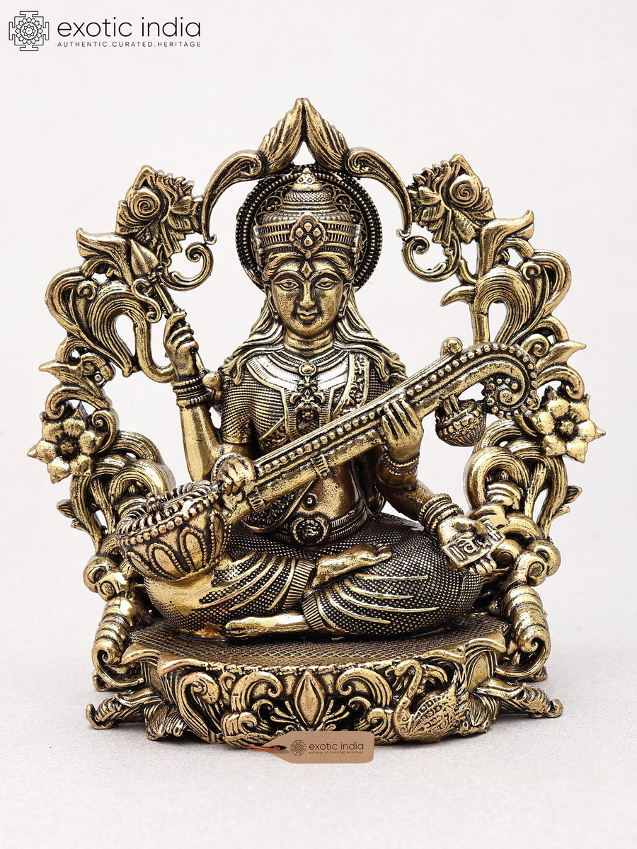 4" Four Armed Goddess Saraswati Handmade Brass Statue
