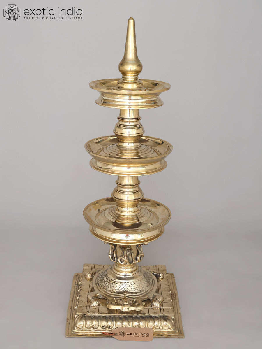 41" Large Tortoise Base Deepasthambham Brass Lamp for Pooja