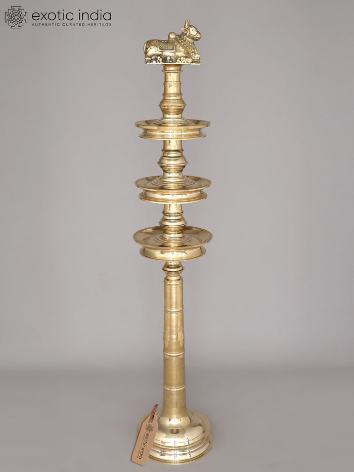 58" Large Three Layered Brass Deepasthambham with Seated Nandi on The Top | Ritual Item | Made in India