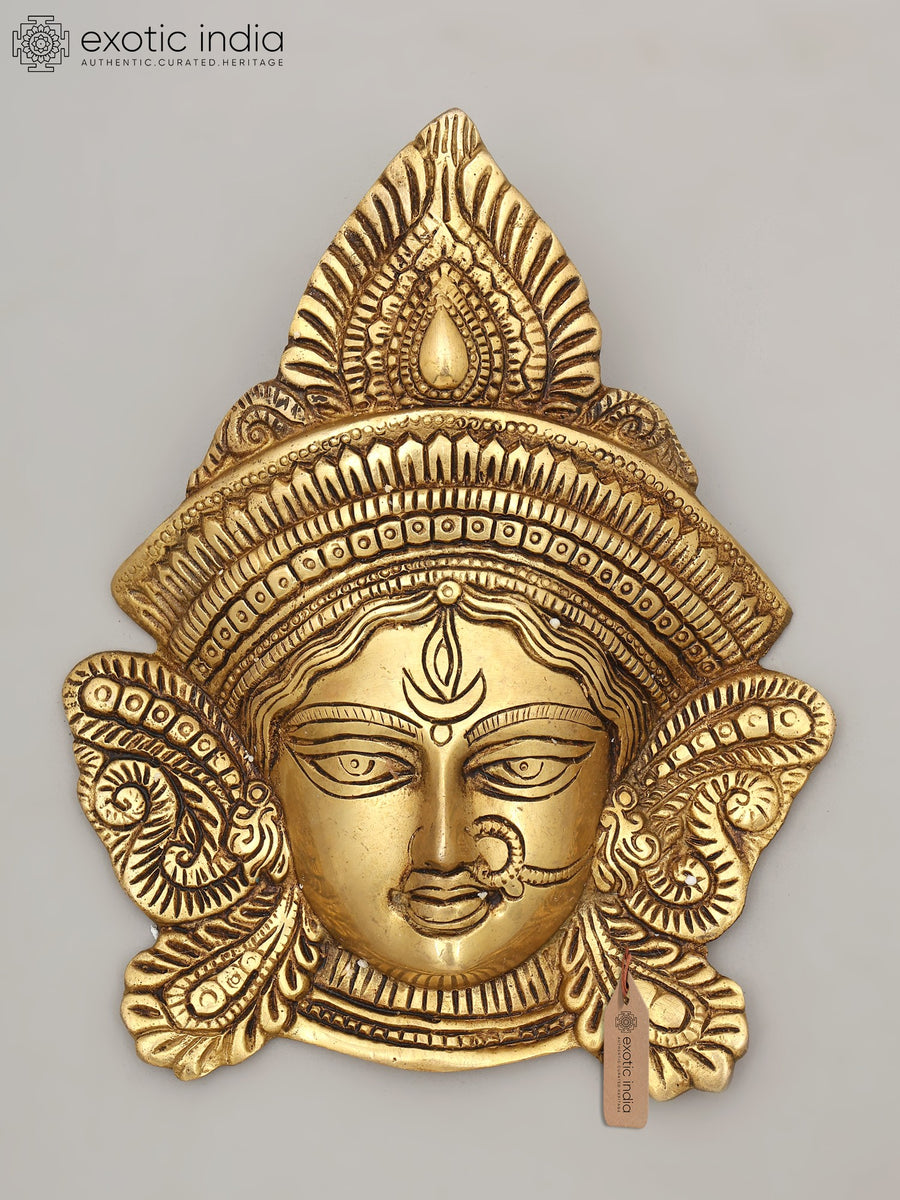 9" Goddess Durga Face Mask Brass Wall Hanging Sculpture