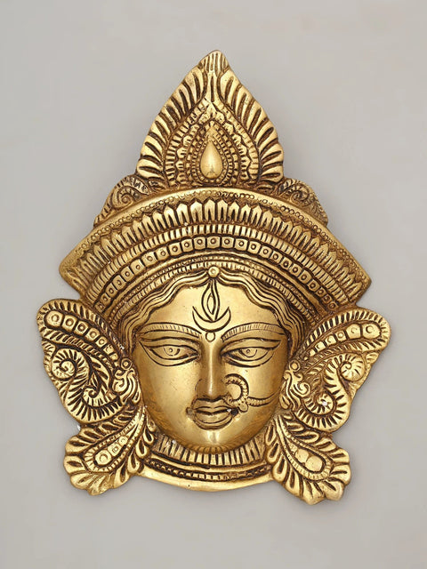 9" Goddess Durga Face Mask | Wall Hanging Brass Sculpture | Made in India