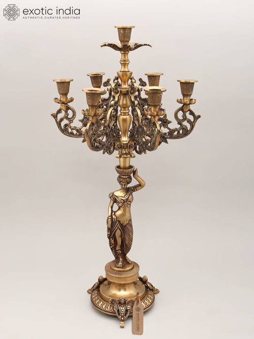 25" Brass Lady Holding Multi-Arm Candelabra Statue