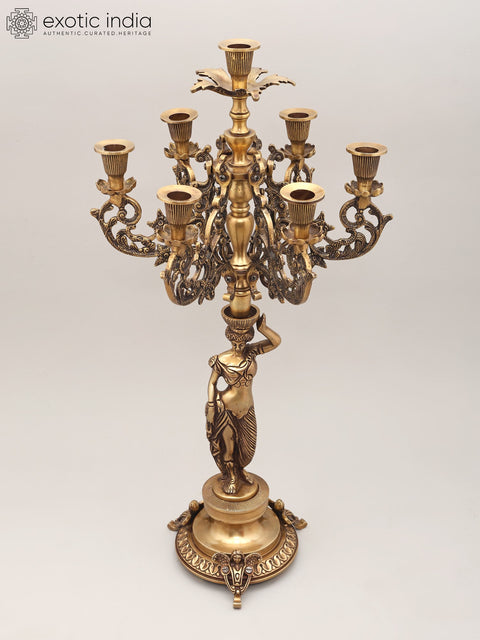 25" Brass Lady Holding Multi-Arm Candelabra | Home Decor