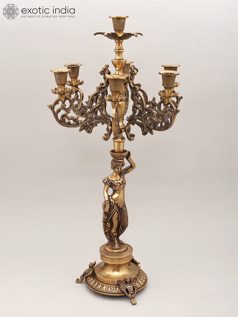 25" Brass Lady Holding Multi-Arm Candelabra | Home Decor