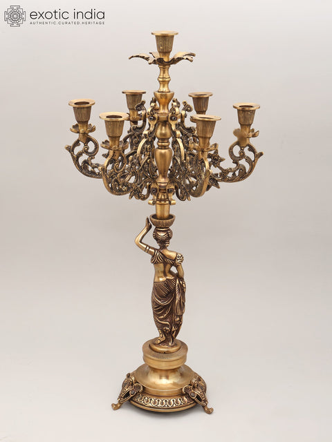 25" Brass Lady Holding Multi-Arm Candelabra | Home Decor
