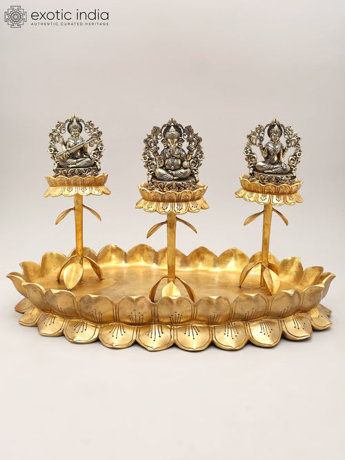 20" Brass Lakshmi Ganesh Saraswati Trio Statue on Lotus Stand