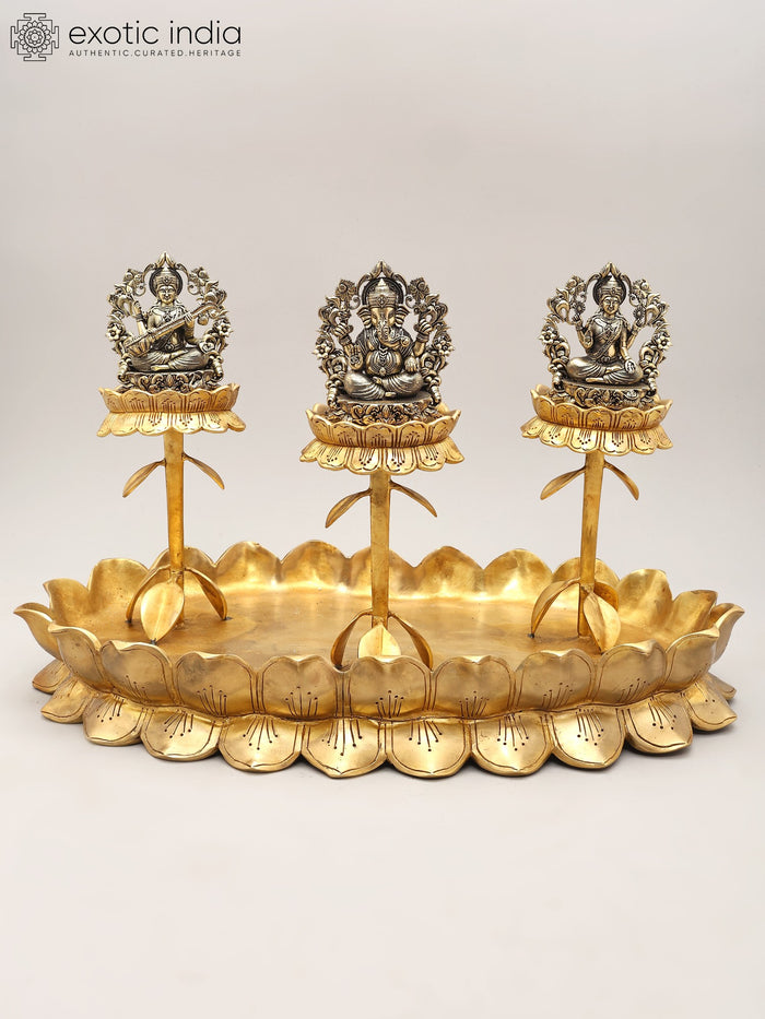 20" Brass Lakshmi Ganesh Saraswati Trio Statue on Lotus Stand