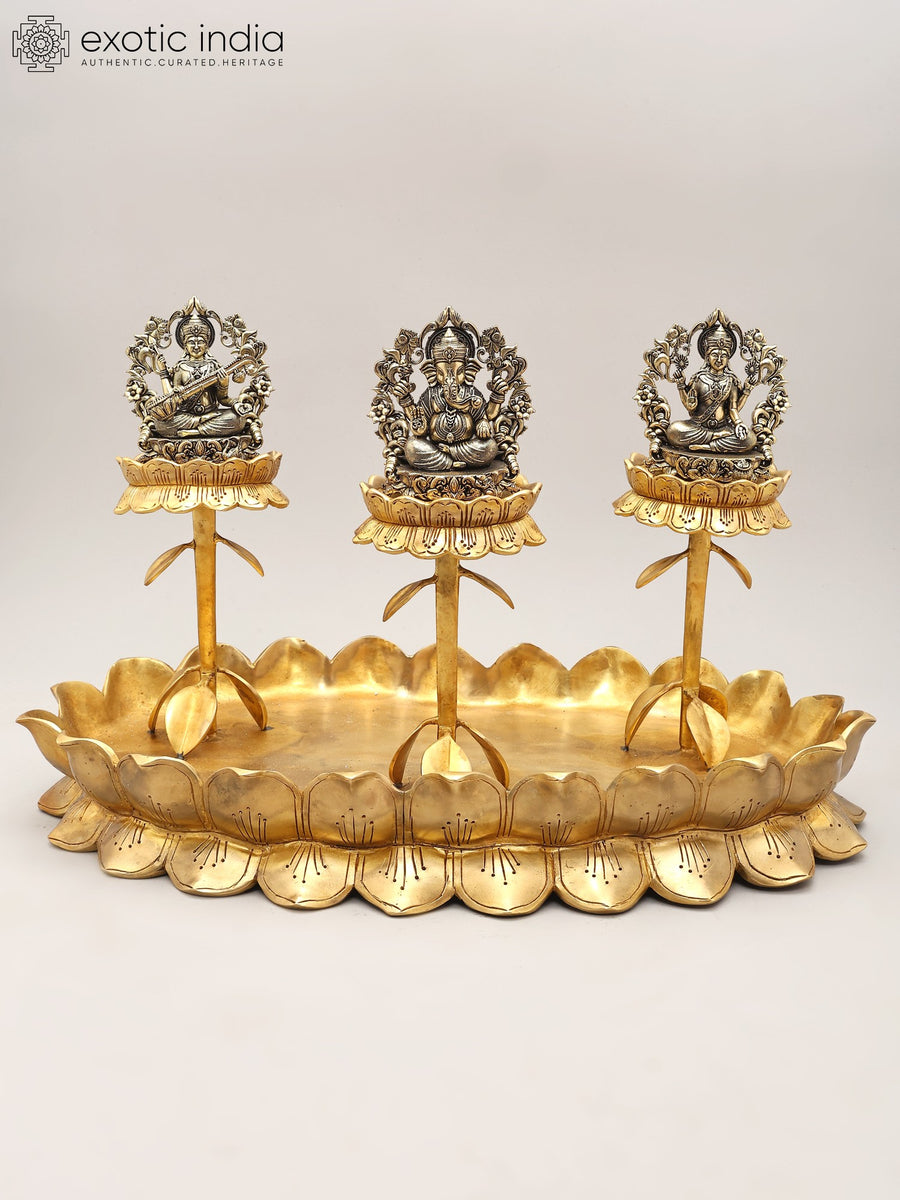 20" Brass Lakshmi Ganesh Saraswati Trio Statue on Lotus Stand