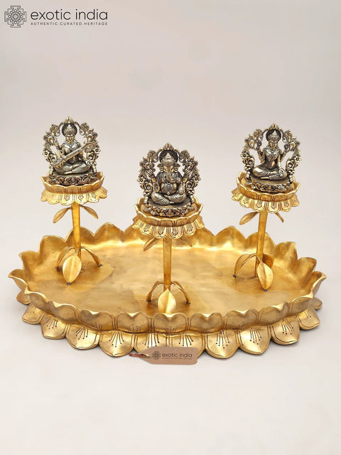 20" Superfine Lakshmi Ganesh Saraswati Trio on Lotus Stand | Brass Statues