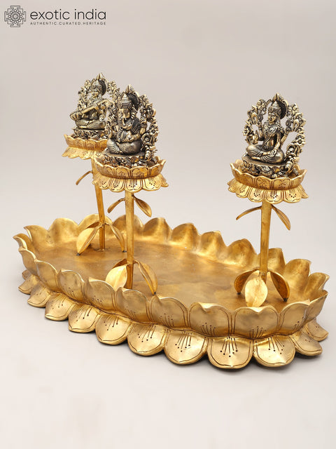20" Superfine Lakshmi Ganesh Saraswati Trio on Lotus Stand | Brass Statues
