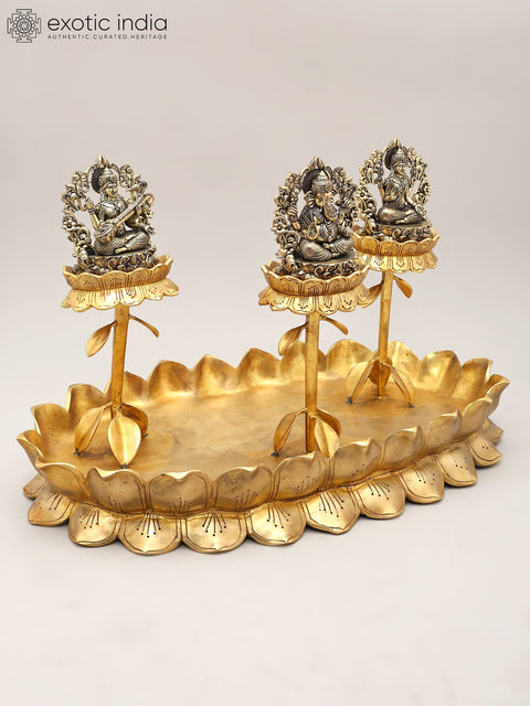 20" Superfine Lakshmi Ganesh Saraswati Trio on Lotus Stand | Brass Statues