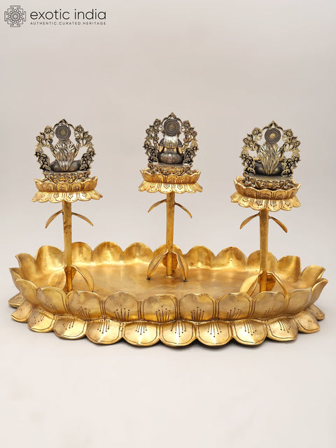 20" Superfine Lakshmi Ganesh Saraswati Trio on Lotus Stand | Brass Statues