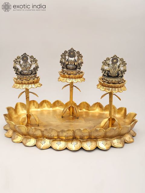 20" Superfine Lakshmi Ganesh Saraswati Trio on Lotus Stand | Brass Statues
