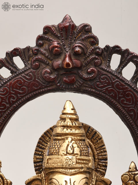 10" Brass Chaturbhuja Lord Ganesha Idol with Kirtimukha Arch