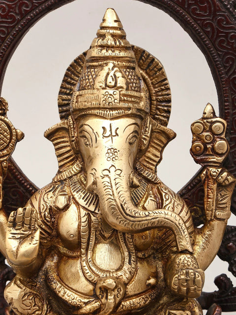 10" Brass Chaturbhuja Lord Ganesha Idol with Kirtimukha Arch