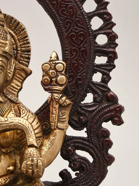 10" Brass Chaturbhuja Lord Ganesha Idol with Kirtimukha Arch