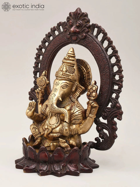 10" Brass Chaturbhuja Lord Ganesha Idol with Kirtimukha Arch