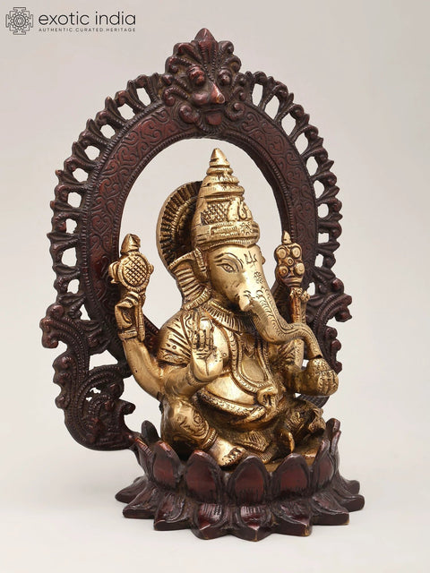 10" Brass Chaturbhuja Lord Ganesha Idol with Kirtimukha Arch