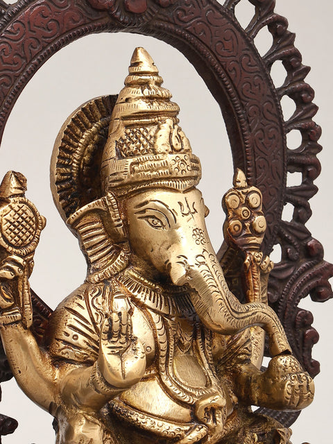 10" Brass Chaturbhuja Lord Ganesha Idol with Kirtimukha Arch