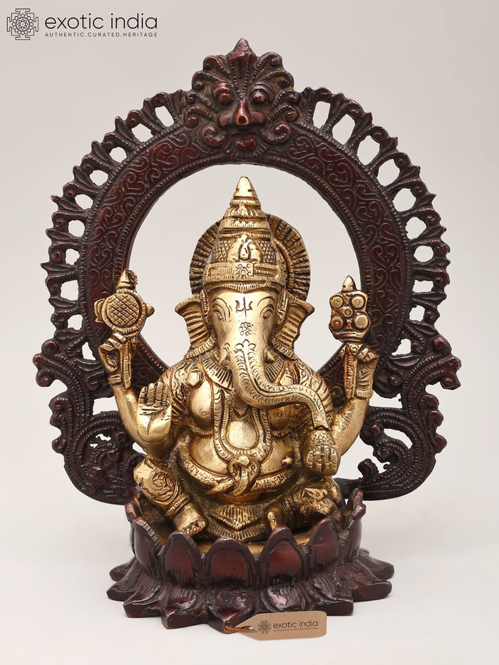 10" Brass Chaturbhuja Ganesha Idol with Kirtimukha Arch