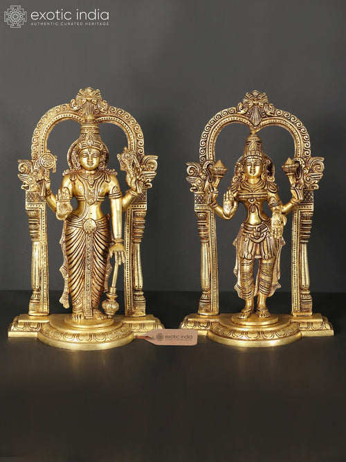13" Standing Vishnu and Lakshmi Brass Statue Set with Kirtimukha Throne