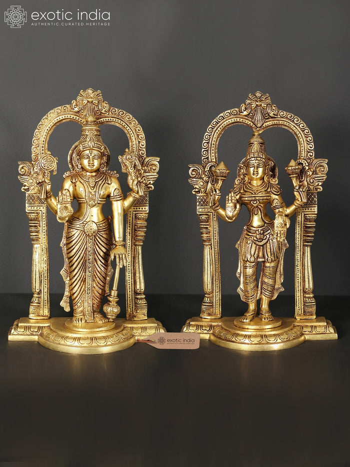 13" Standing Vishnu and Lakshmi Brass Statue Set with Kirtimukha Throne