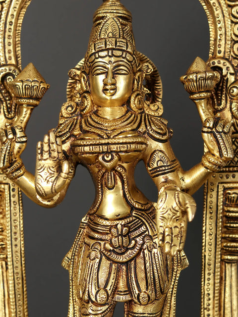 13" Standing Vishnu - Lakshmi on Kirtimukha Throne | Set of 2 Brass Statues