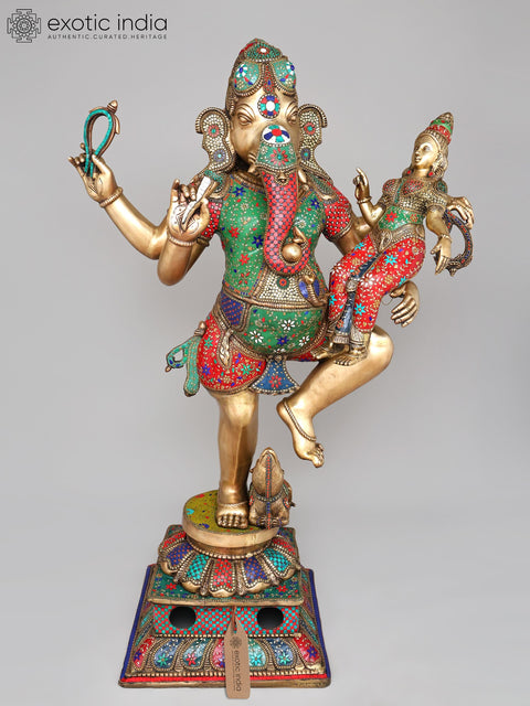 65" Large Size Dancing Lord Ganesha with Shakti | Brass Statue with Inlay Work