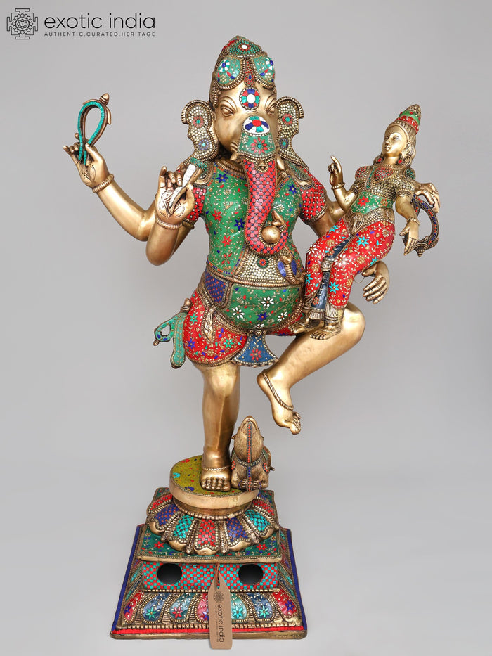 65" Large Size Dancing Lord Ganesha with Shakti | Brass Statue with Inlay Work