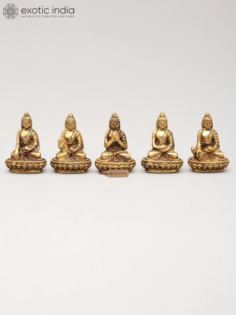 2" Small Set of Five Buddhas in Different Mudra | Brass Statues
