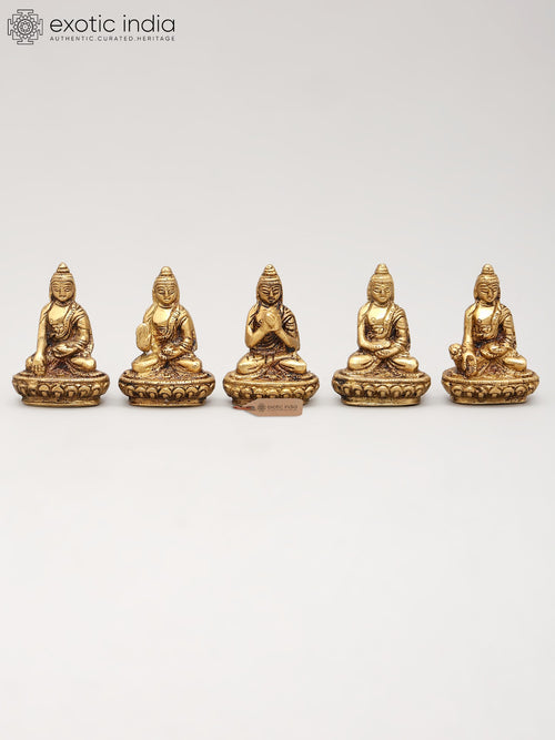 2" Brass Set of Five Buddhas in Different Mudra Statues