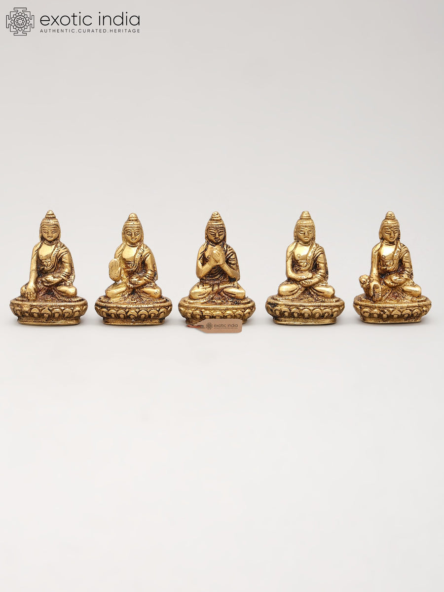 2" Brass Set of Five Buddhas in Different Mudra Statues