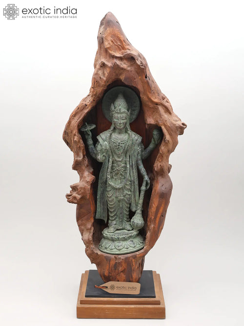 28" Standing Brass Lord Vishnu Statue with Hand-Carved Wooden Grotto
