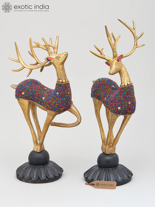 11" Brass Reindeer Pair Statue Home Decor
