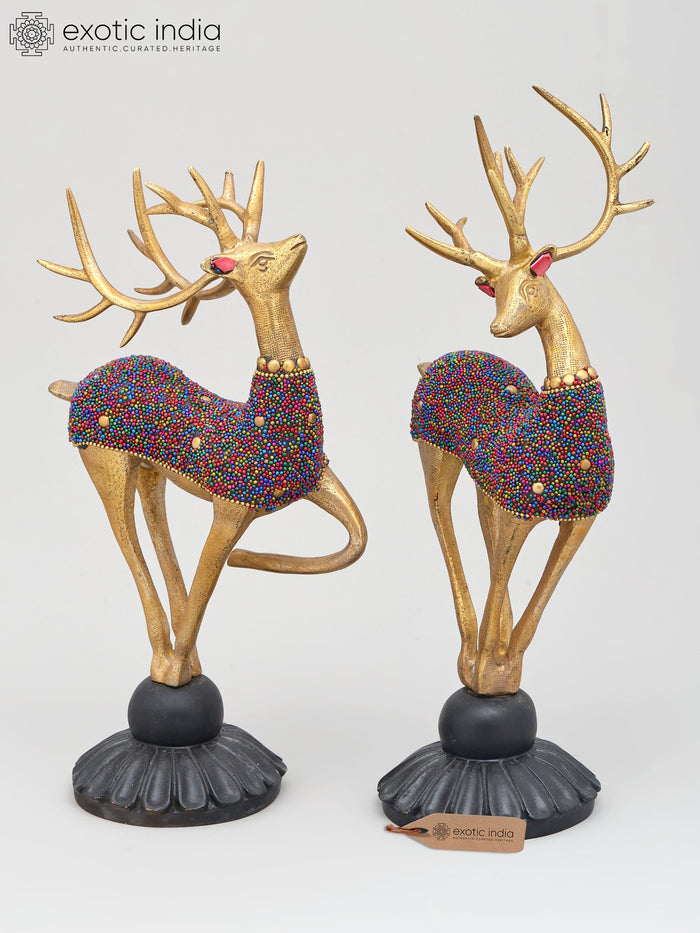 11" Brass Reindeer Pair Statue Home Decor