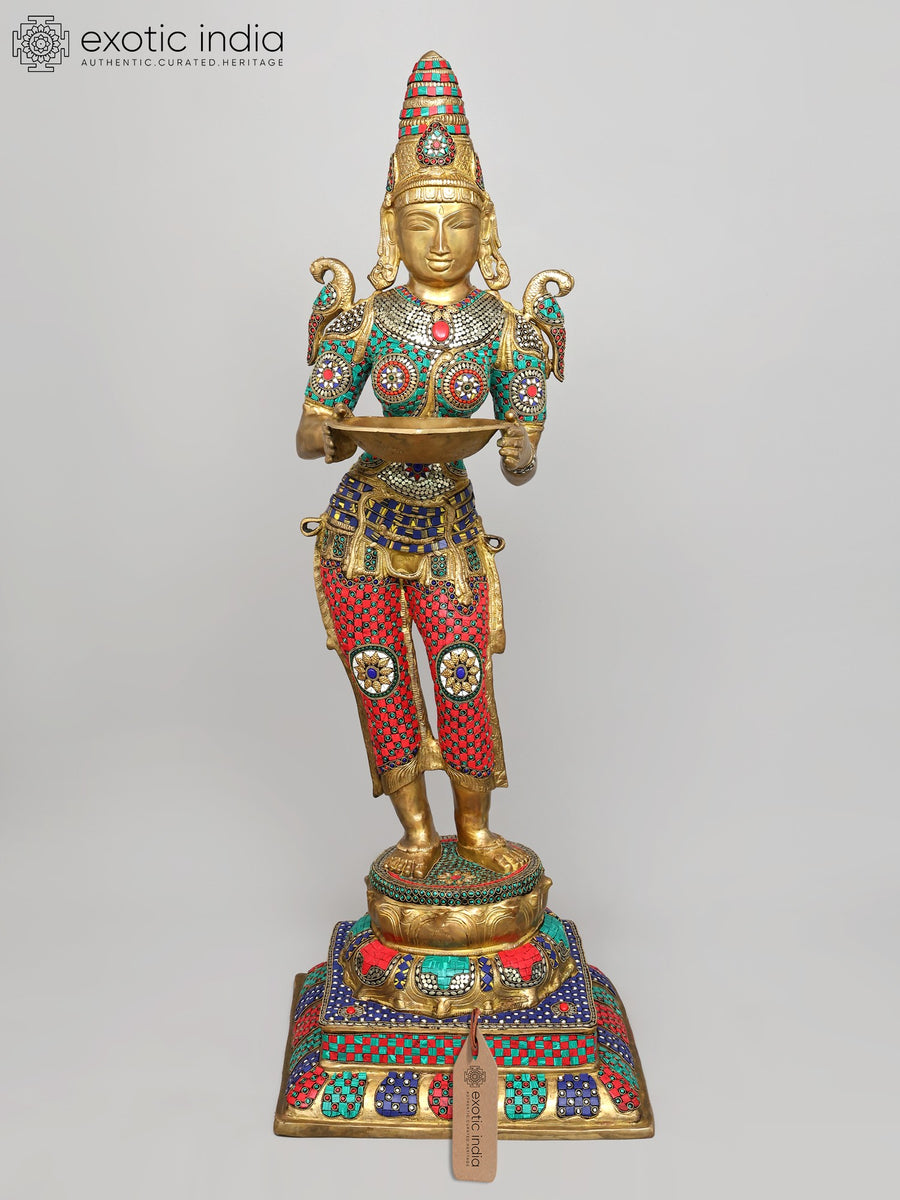 48" Large Standing Lakshmi Brass Statue with Inlay Work