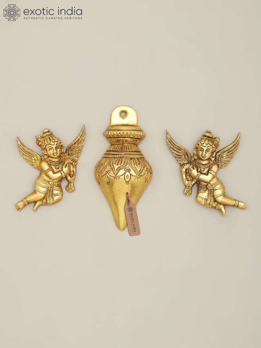 4" Brass Kalash and Gandharvas Ritual Wall Hanging Set