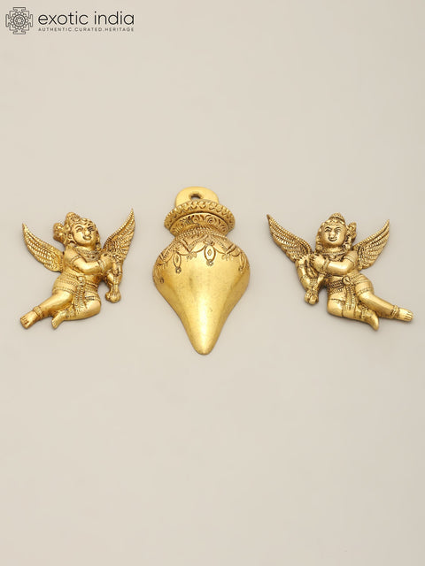 4" Brass Set of Ritual Kalash and Gandharvas | Wall Hanging