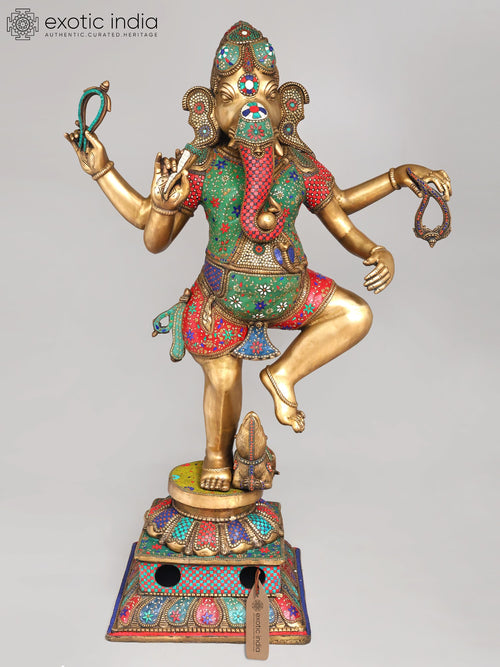 65" Large Dancing Lord Ganesha Brass Statue with Inlay Work