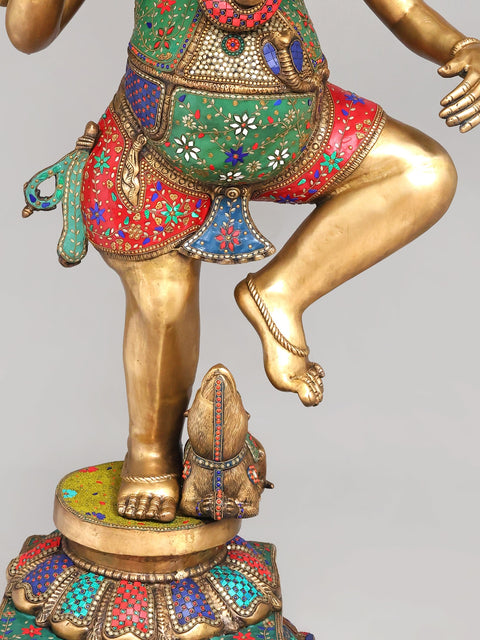 65" Large Size Dancing Lord Ganesha | Brass Statue with Inlay Work