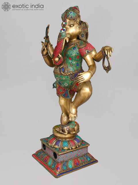 65" Large Size Dancing Lord Ganesha | Brass Statue with Inlay Work