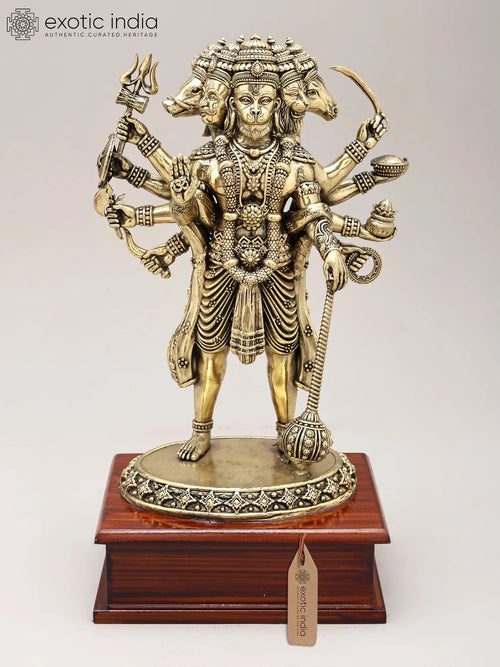 11" Brass Panchamukhi Hanuman Standing Statue with Wood Base