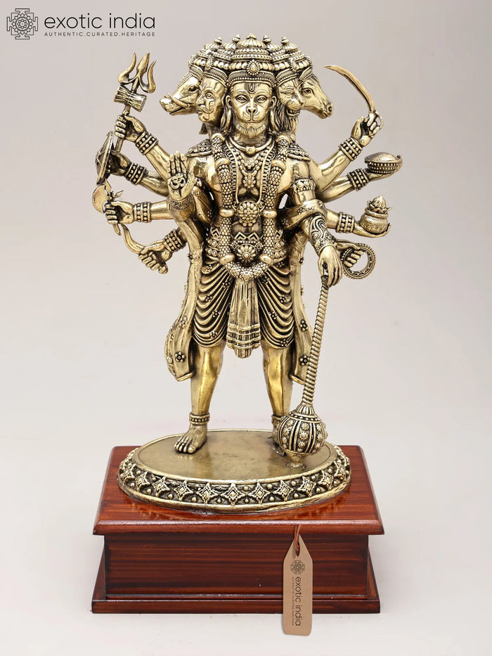 11" Brass Panchamukhi Hanuman Standing Statue with Wood Base