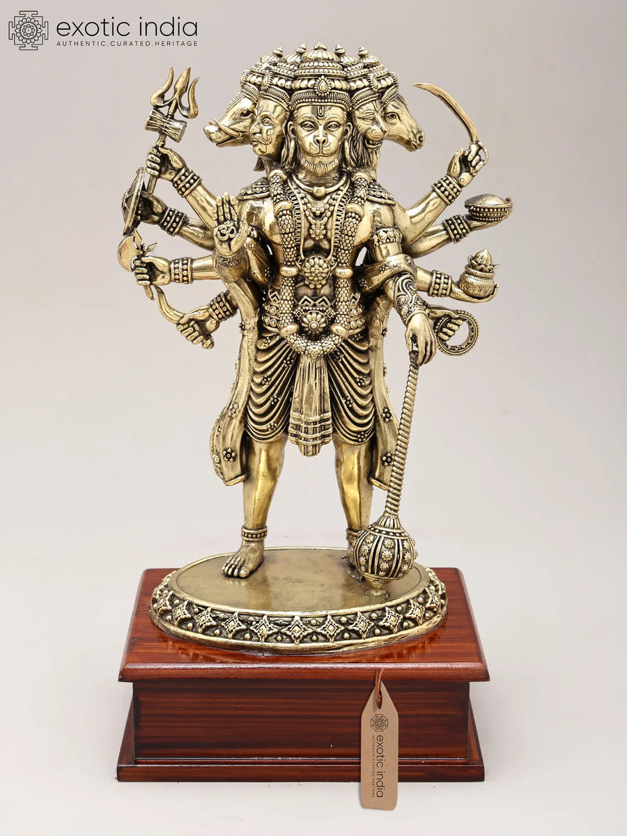 11" Brass Panchamukhi Hanuman Standing Statue with Wood Base