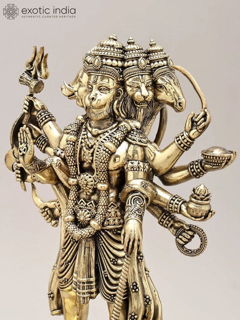 11" Brass Superfine Standing Panchamukhi Lord hanuman on Wood Base