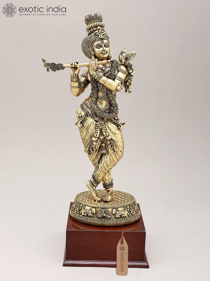15" Handmade Lord Krishna Brass Statue with Fluted Details
